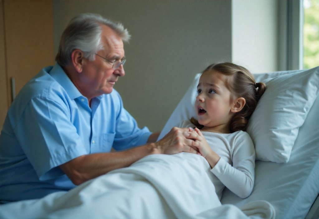 young girl in hospital bed with grandparent